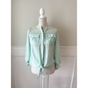 Candies Seafoam Green Lace Yoke Blouse With Tab Sleeves & Tie Waist